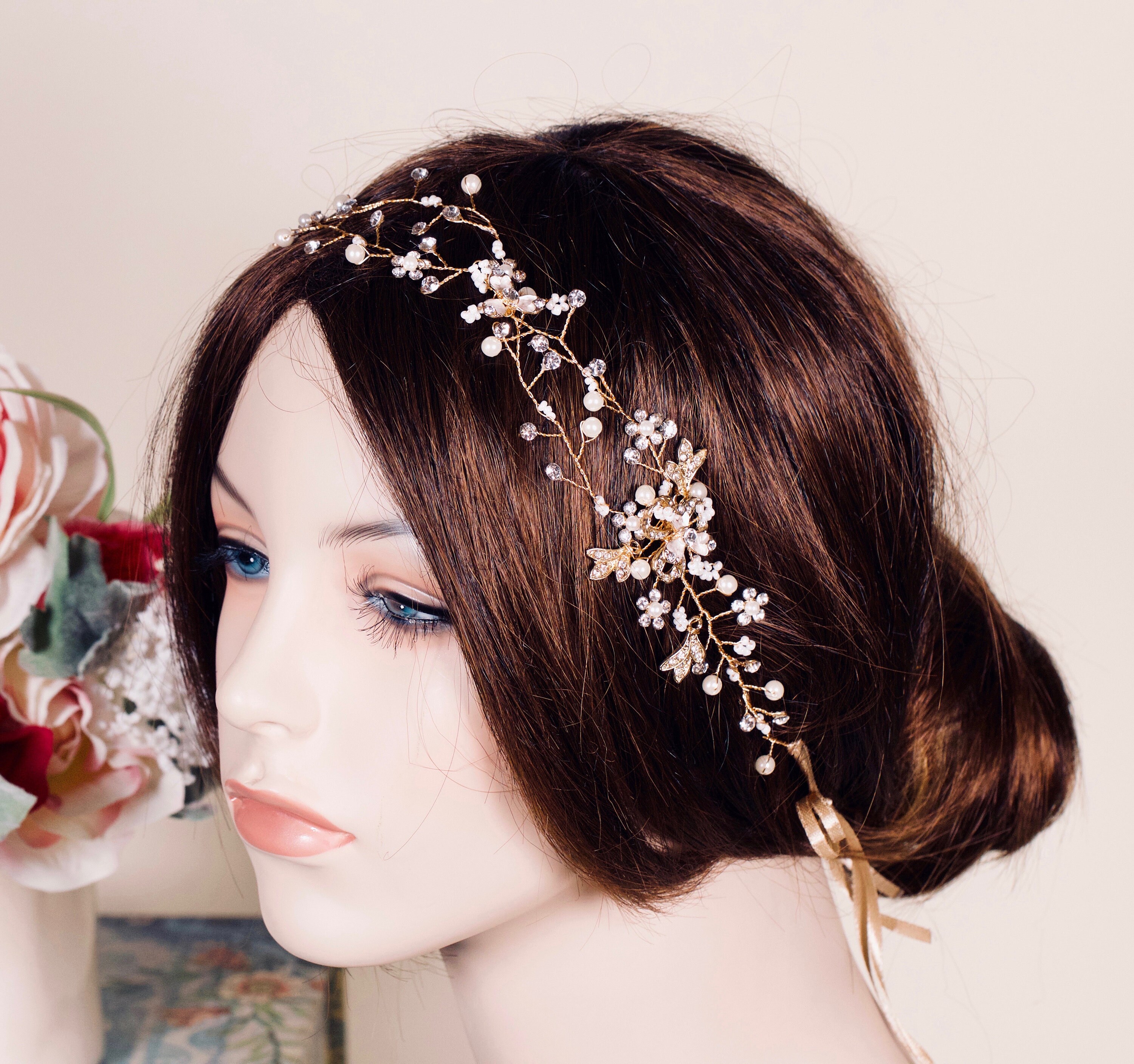 Rose Gold Flower Hair Vine Bridal Hair Vine Wedding Hair Piece Etsy