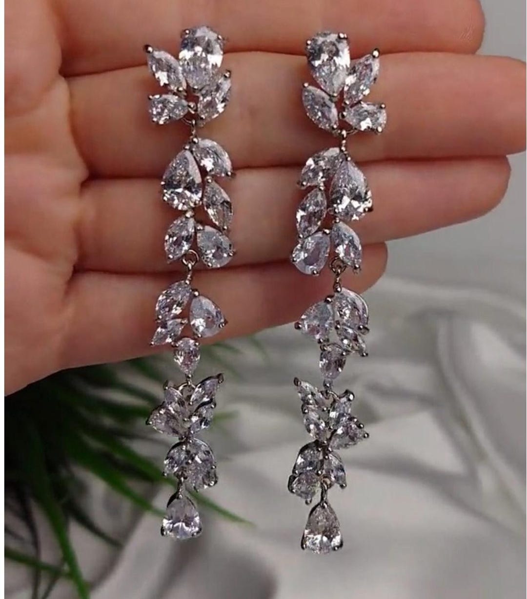 Blue CZ Crystal Long Leaf Dangle Earrings For Brides | 925 Silver Plated Bohemian Wedding Jewelry
