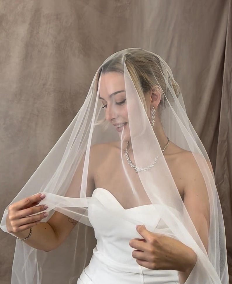 Simple Veil with Blusher Soft French Tulle Veil with comb 2 Tier Veil Illusion Veil Raw Cut Plain Cut Edge Soft Blusher Veil Cathedral image 6