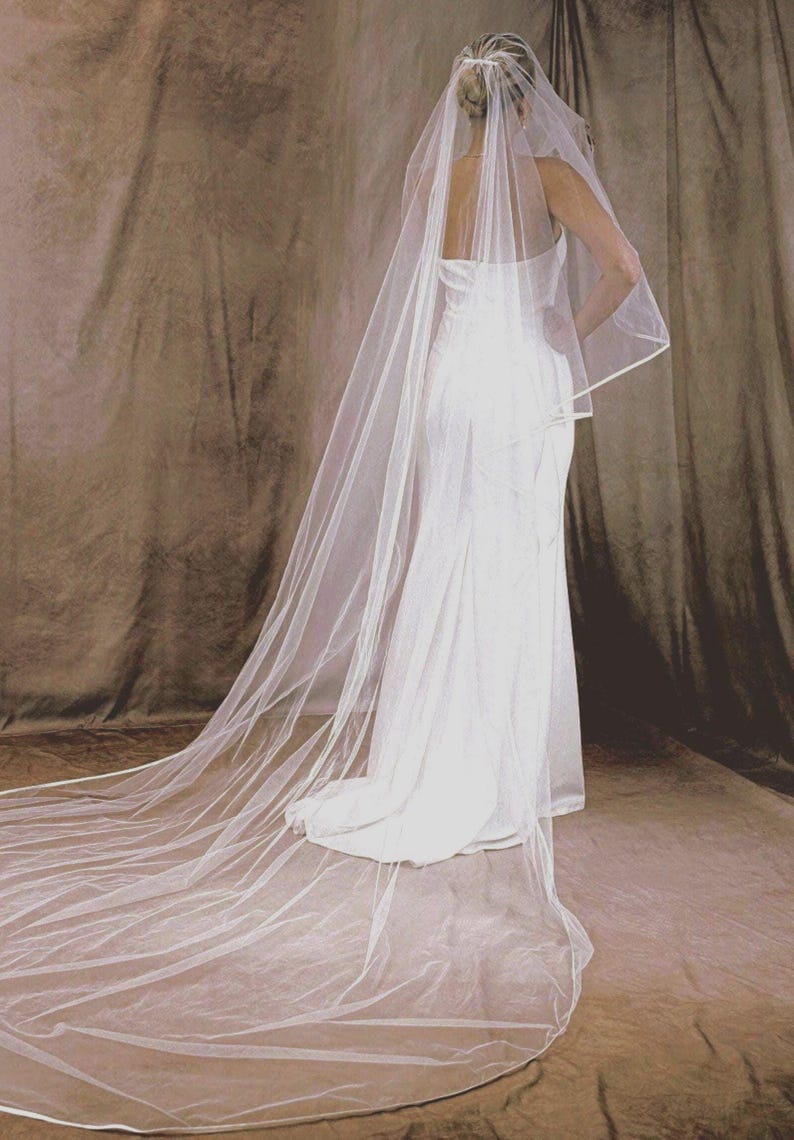 May include: A long, sheer white wedding veil featuring a delicate satin ribbon trim along the edges. The veil is attached to a hair accessory at the crown and cascades down the back, extending into a floor-length train over a white gown.