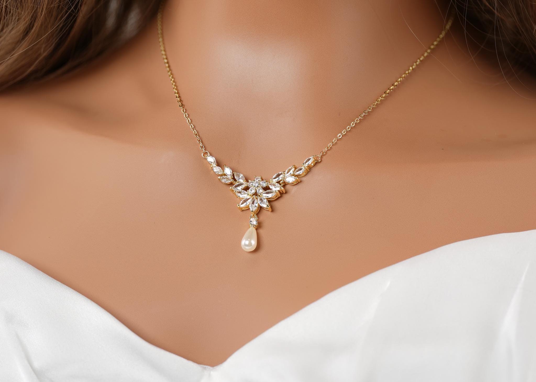 Besalon Gold Pearl Drop Necklace & Earrings Set - CZ Crystal Bridal Jewelry Gift For Women