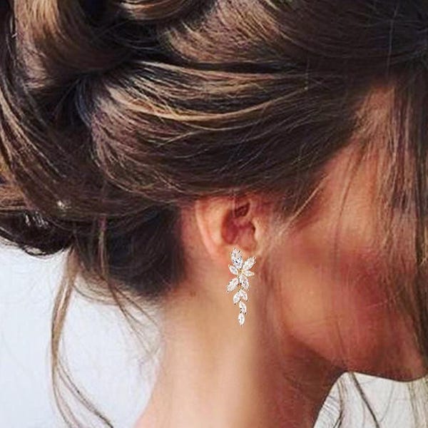 Crystal Bridal Earrings – Leaf Drop Earrings in Rose Gold, Gold, or Silver | Wedding Jewelry for Bride & Bridesmaids