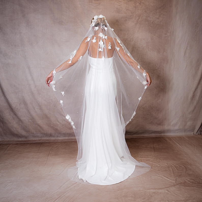 Floral Veil, Ivory Lace Wedding Veil, Fingertip, Chapel and Cathedral image 6