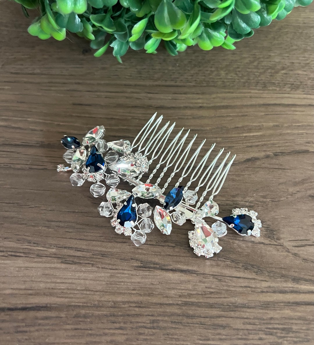 Wedding Sapphire Hair Piece Bridal Crystal Sapphire Hair Clip Silver