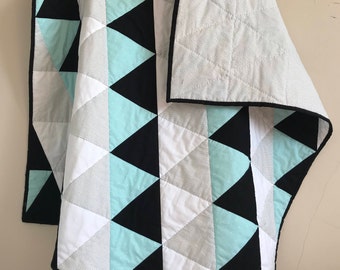 Handmade Baby Boy Triangle Quilt, Baby Blue, Crib Blanket, Baby Shower Gift, Toddler Quilt