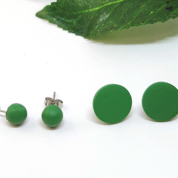 Forest Green stud earrings, Matte 12 mm Round or 6 mm Ball stud earrings, Polymer clay studs, stainless steel/ titanium studs earrings