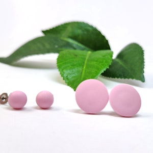 May include: A pair of pink stud earrings. The earrings are round and have a matte finish.