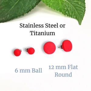 May include: Red stud earrings in two sizes: 6 mm ball and 12 mm flat round. The image also includes the text "Stainless Steel or Titanium". The earrings are displayed on a white surface with green leaves in the background.