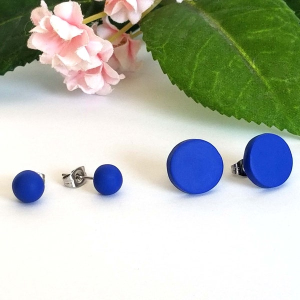 Royal Blue clay stud earrings, Small 12 mm round or 6 mm ball stud earrings, clay earring studs, stainless steel/ titanium stud posts