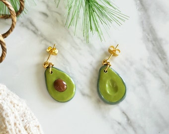 Avocado Earrings, fruit earring studs, food earrings, handmade clay earrings