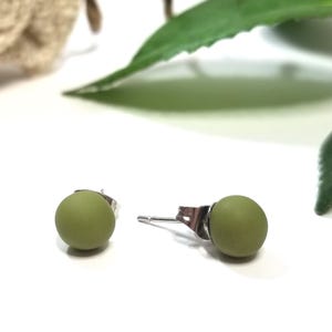 Matte Olive Green Polymer Clay Ball Stud Earrings: Stainless Steel or Titanium ( 6mm)