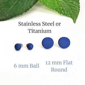 Navy Blue Polymer Clay Stud Earrings: 6mm Ball or 12mm Round, Matte Finish, Stainless Steel or Titanium Posts