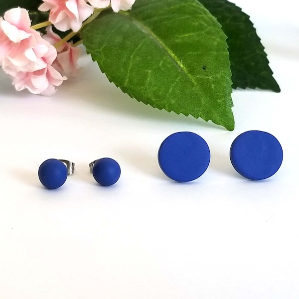 Navy Blue stud earrings, Matte 12 mm round disc studs or 6 mm ball studs, Dark blue clay earring studs, stainless steel or titanium posts