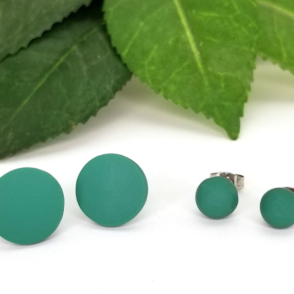 Emerald Green stud earrings, Matte 12 mm Round or 6 mm Ball stud earrings, Polymer clay studs, stainless steel/ titanium studs earrings