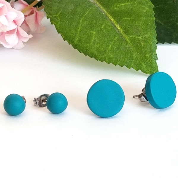 Teal stud earrings, Matte 12 mm round or 6 mm ball stud earrings, Dark turquoise clay earring studs,  stainless steel/ titanium stud posts