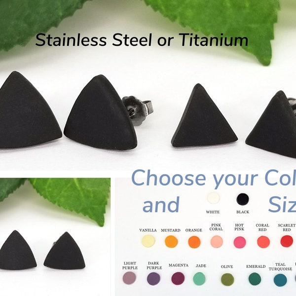 Matte triangle stud earrings, 19 colors, 10 mm or 13 mm small studs, stainless steel/ titanium stud earrings, men's stud earrings, custom