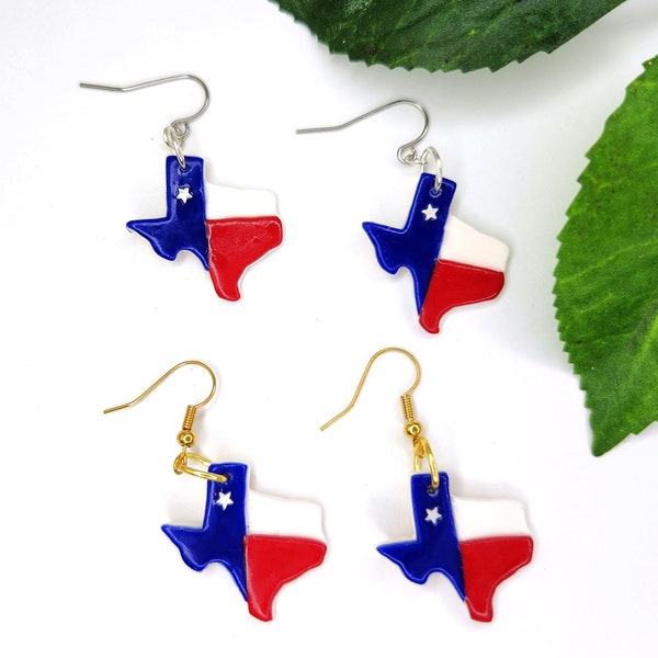 Patriotic Texas State Earrings with silver star, dangle or hoops, Handmade Clay jewelry
