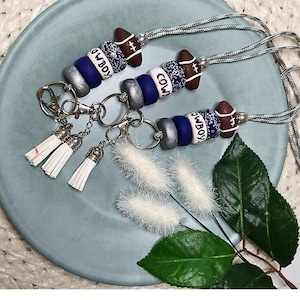 Football Team Lanyard, Blue silver beaded, with tassel, Teacher gift,  Cute Handmade Clay Lanyard necklace, Breakaway lanyard ID holder