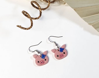 Kawaii Pig Face Dangle Earrings, Handmade Polymer clay jewelry, Farm Animal lover,