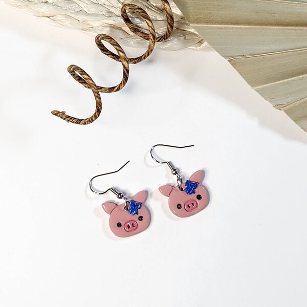 Kawaii Pig Face Dangle Earrings, Handmade Polymer clay jewelry, Farm Animal lover,