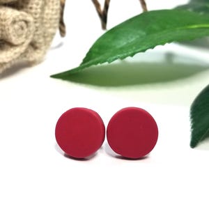 Dark Red Polymer Clay Stud Earrings: 12mm Round, Matte Finish, Stainless Steel or Titanium