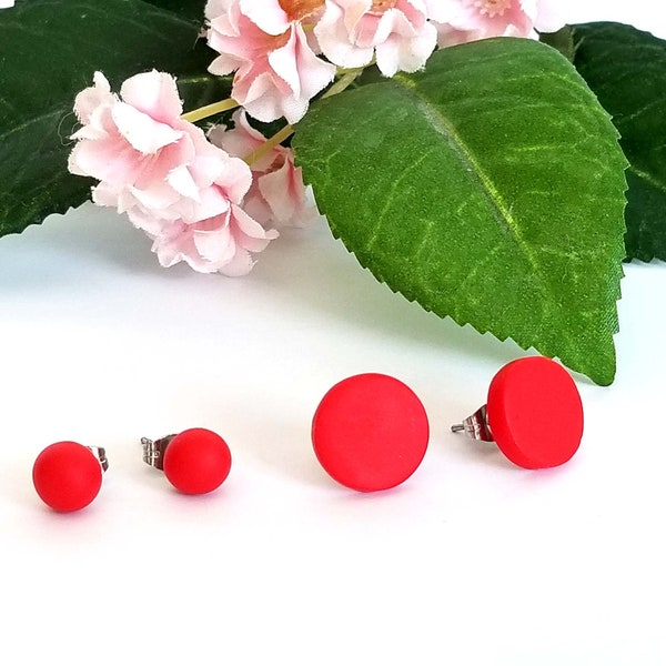 Matte Scarlet Red earrings, 12 mm round disc studs,6 mm ball stud earrings, Red polymer clay earring studs, stainless steel/ titanium studs