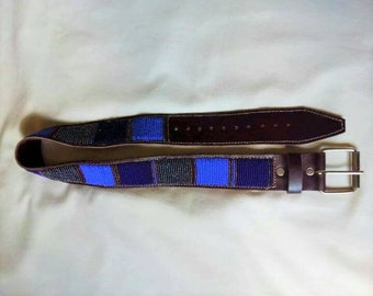 african belt Blue and brown leather belt SALE 40 inches long Masai leather beaded belt with blue beads african souvenir belt beaded belt