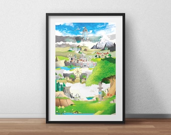 May include: A vertical illustration of a fantasy landscape with a castle, mountains, trees, and a sky with clouds. The castle is in the middle of the image and is surrounded by trees and mountains. The sky is blue with white clouds.
