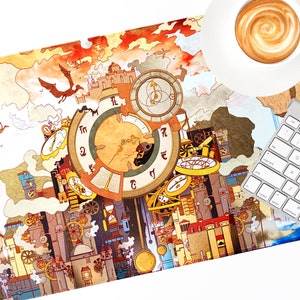 May include: A colorful illustration of a clockwork city with gears, cogs, and clock faces. The illustration is in a whimsical style with a vintage aesthetic.