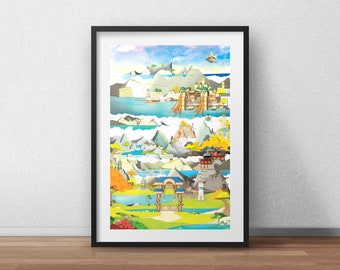 May include: A colorful illustration of a fantasy landscape with mountains, water, and buildings. The scene is divided into three sections, each with a different color scheme. The top section is blue and white, the middle section is green and brown, and the bottom section is green and yellow.