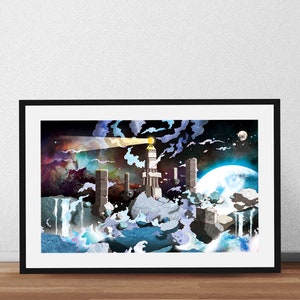 May include: A digital art print depicting a lighthouse with a beam of light shining out, surrounded by clouds, stars, and a planet. The lighthouse stands on a rocky island with waterfalls cascading down the sides.