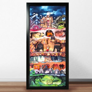 May include: A framed artwork with a layered design, showcasing a fantasy world. The image features a dark blue sky, mountains, and various scenes with buildings and underground caves. The frame is black, and the artwork is colourful.