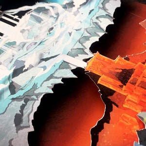 May include: A digital illustration of two contrasting landscapes. The left side features a white and blue icy landscape with a tall structure. The right side features a fiery orange landscape with a tall structure.