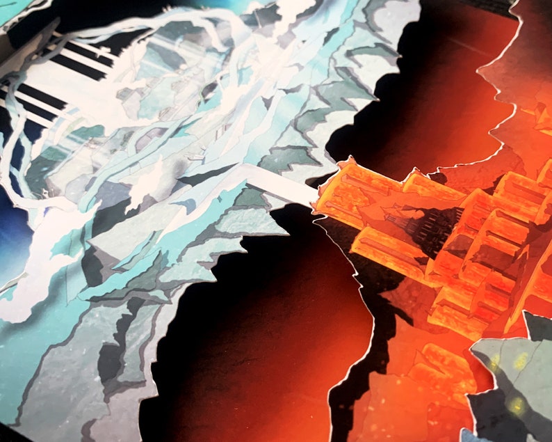May include: A digital illustration of two contrasting landscapes. The left side features a white and blue icy landscape with a tall structure. The right side features a fiery orange landscape with a tall structure.