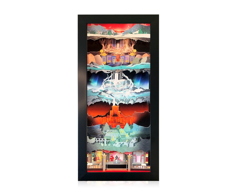 May include: A framed paper art piece depicting a multi-layered landscape with a castle, waterfall, and mountains. The artwork is framed in black and has a red, white, and blue color scheme.