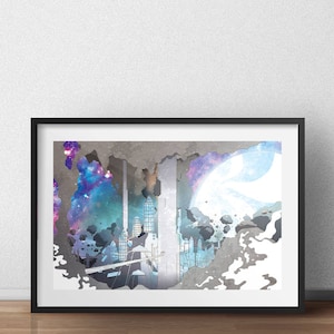 May include: A framed print of a digital art piece depicting a city scene with a cracked wall revealing a starry sky and a planet. The city is rendered in a futuristic style with tall buildings and a sense of depth.