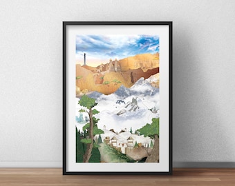 May include: A framed print of a colorful landscape with a mountain range, a city, and a cloudy sky. The city is built on a cliff and has a tall tower. The mountain range is covered in snow and clouds. The sky is blue with white clouds.