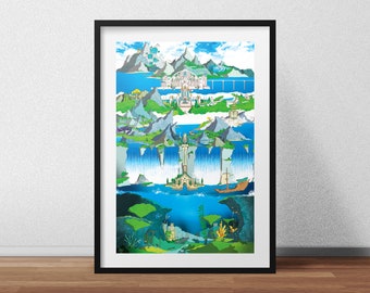 May include: A colorful illustration of a fantasy world with a city on a mountaintop, waterfalls, and a ship sailing on the water. The illustration is framed in black.
