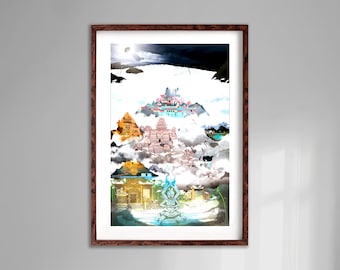May include: A framed print of a colorful illustration depicting a layered landscape with a central figure meditating in a lotus position. The landscape features a series of mountains, each with a different color and style of architecture, suggesting a journey through different cultures and spiritual realms.