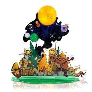 May include: A whimsical illustration depicts a campfire scene with cartoon-like figures, a vibrant orange flame, and a starry night sky with planets and a large yellow sun. The figures appear to be enjoying a musical performance.