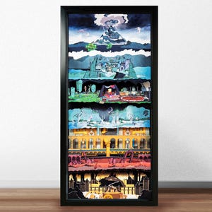 May include: A framed artwork featuring a multi-layered paper cut design. The artwork depicts various scenes, including a volcano, a city, and underground settings. The color palette includes blues, greens, yellows, and reds, creating a detailed and layered visual experience.