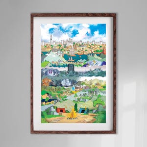 May include: A framed illustration of a city skyline with a campfire in the foreground. The city is depicted in a layered style, with different sections representing different levels of the city. The illustration is done in a cartoon style with bright colors.