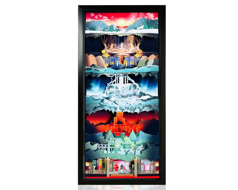 Op de afbeelding: Een ingelijst papieren kunstwerk dat een gelaagd landschap voorstelt met een kasteel, een waterval, een bos en een bergketen. Het kunstwerk is ingelijst in zwart en heeft een rode passe-partout.