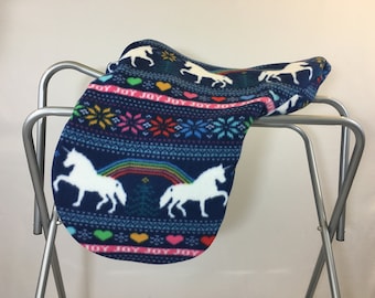 Unicorns Holiday Sweater Fleece Saddle Cover for Dressage, All Purpose, Jumping Saddles