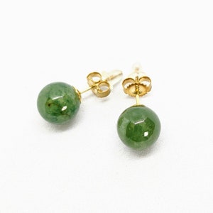 8.5mm Natural green jade studs on 9k gold