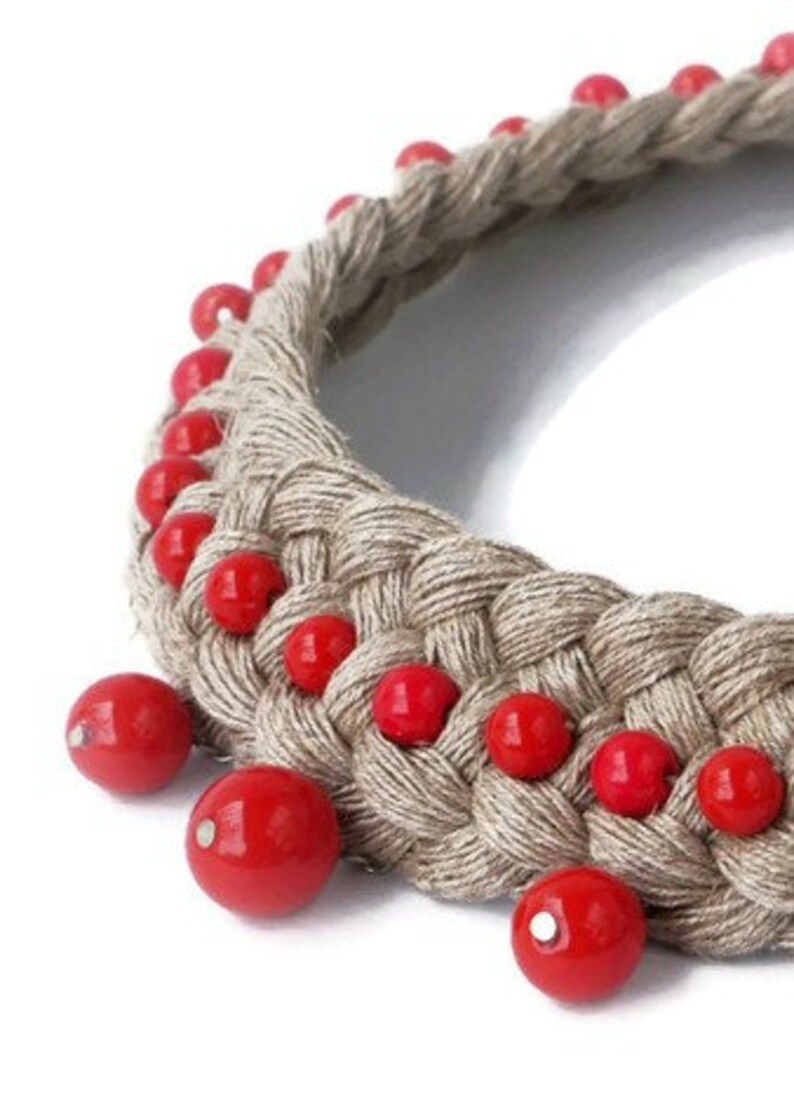 Linen Necklace Weaving Necklace With Red Beads Etsy