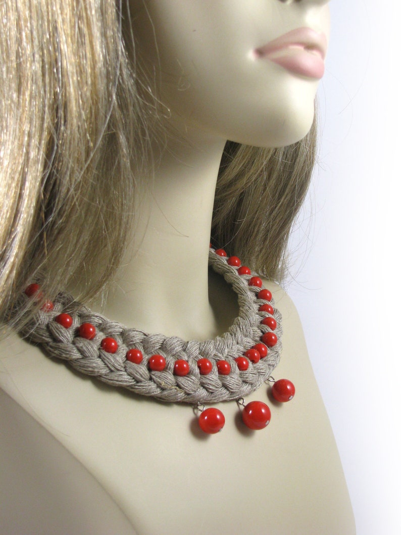 Linen Necklace Weaving Necklace With Red Beads Etsy