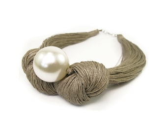 Natur Leinen beige Kette mit Acrylperle