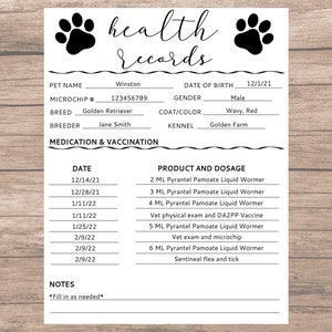 May include: A printable health record form for a pet, with sections for pet name, microchip number, breed, breeder, date of birth, gender, coat colour, kennel, medication and vaccination dates, product and dosage, and notes. The form is designed to track a pet's health information.