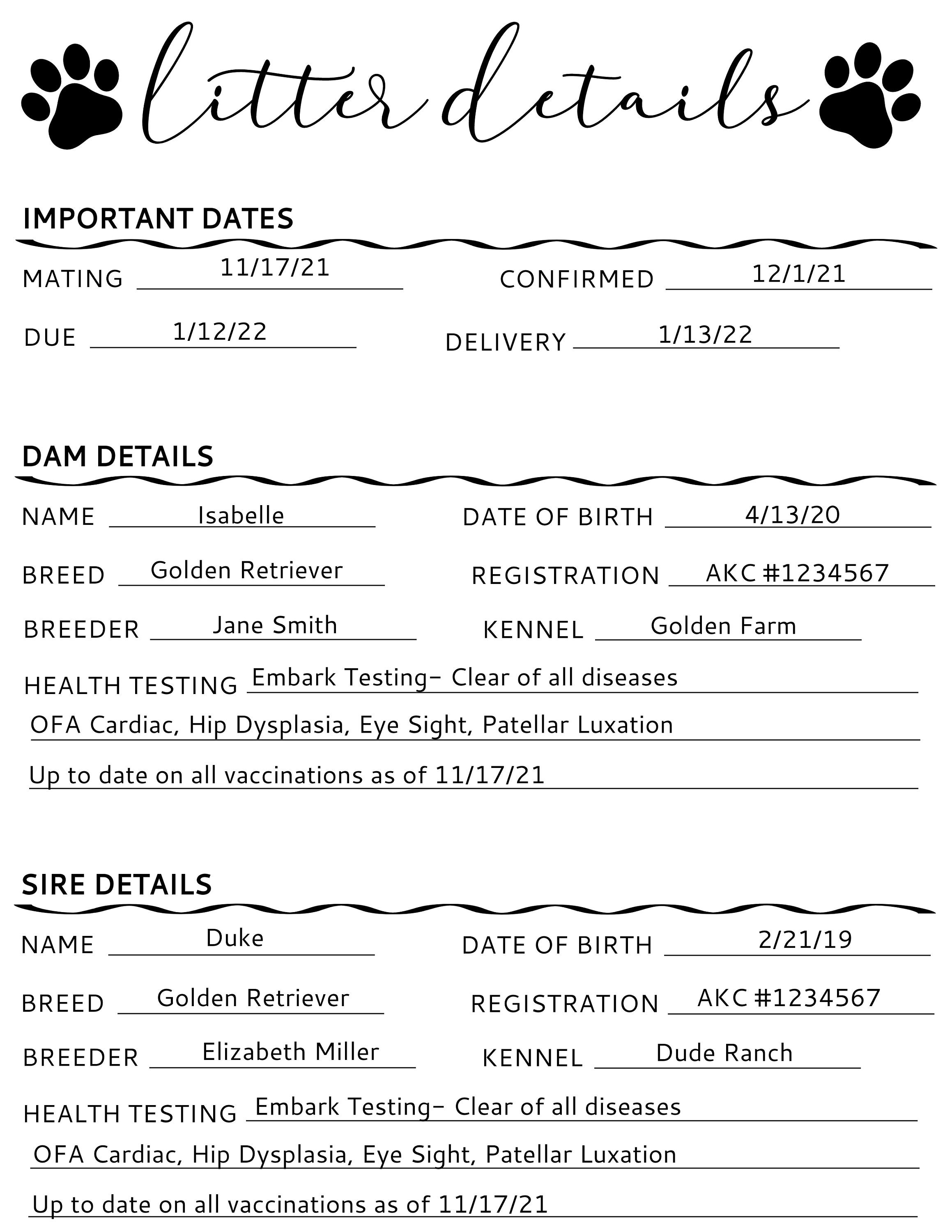 Litter Detail, Breeder Document, Instant Digital Download, Editable ...